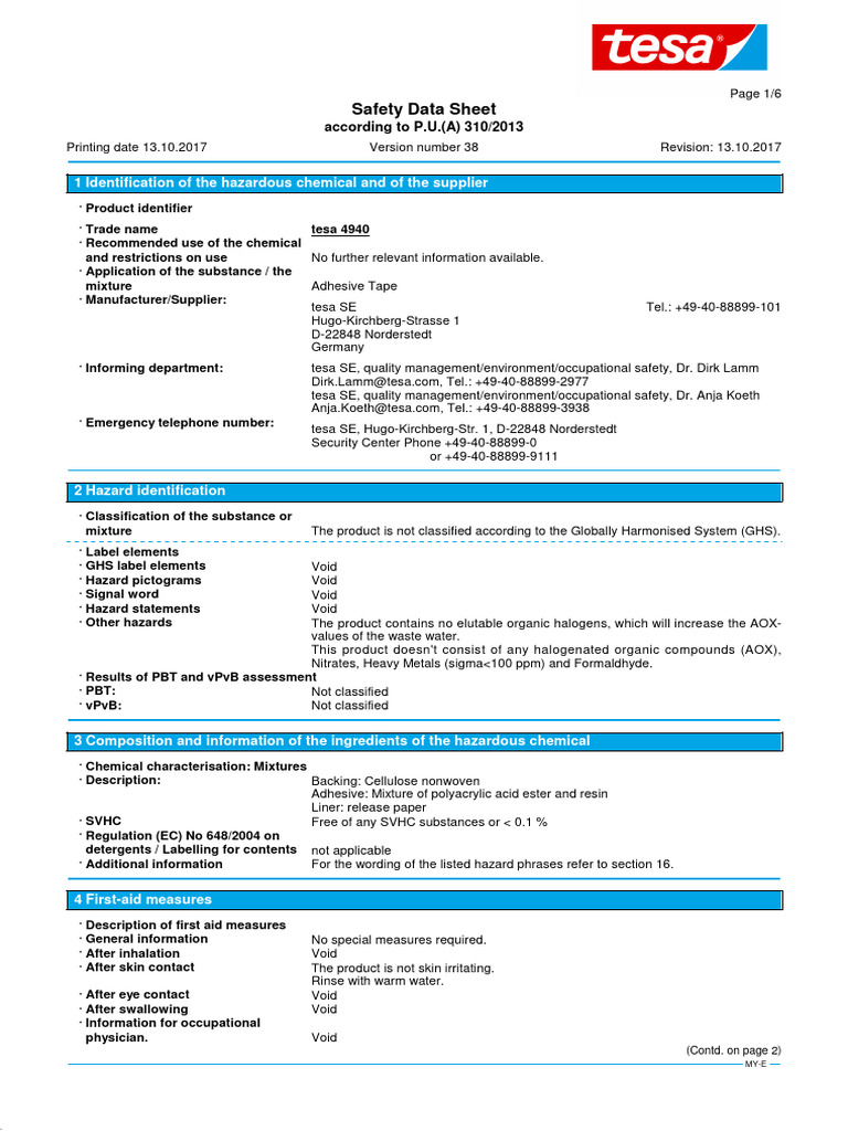 tesa 4940 Safety Data Sheet | PDF