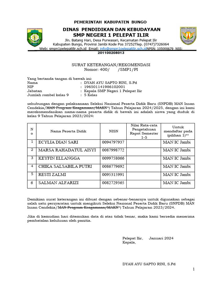 Template Surat Rekomendasi | PDF