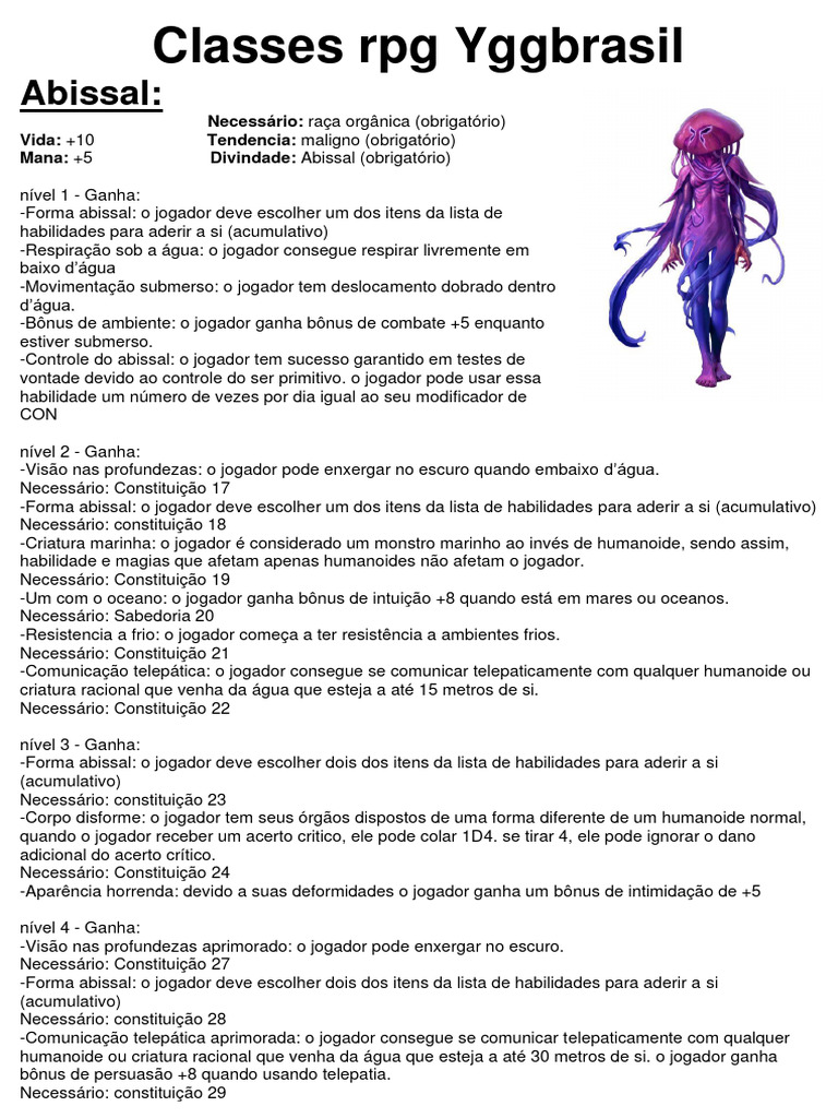 Classes RPG Yggbrasil: Abissal, Acrobata e Algoz | PDF | Lua | Arco e ...