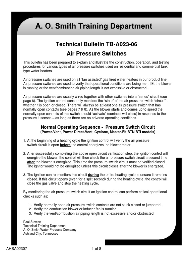 A.O. Smith Bulletin Air Pressure Switch PDF Switch Pressure