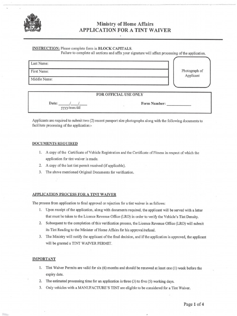 Tint Waiver Application Fillable Form PDF