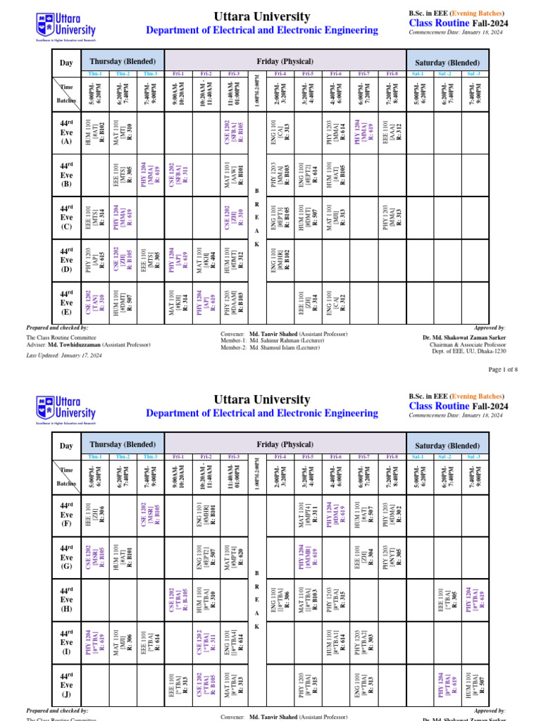 EEE Class Routine Fall 2024 - Uttara University | PDF | Materials ...