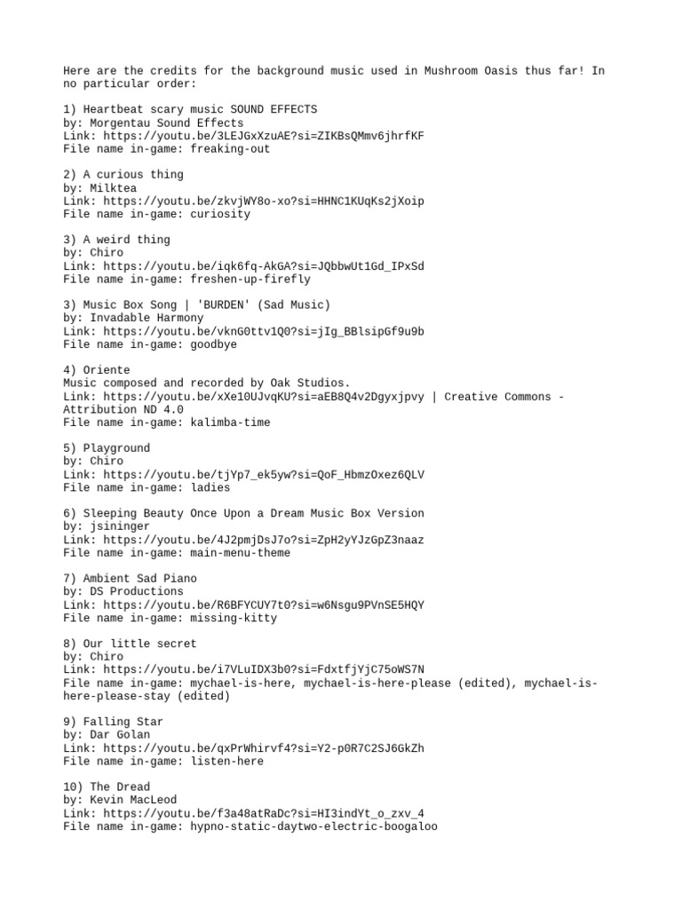 Music Credits for Mushroom Oasis | PDF