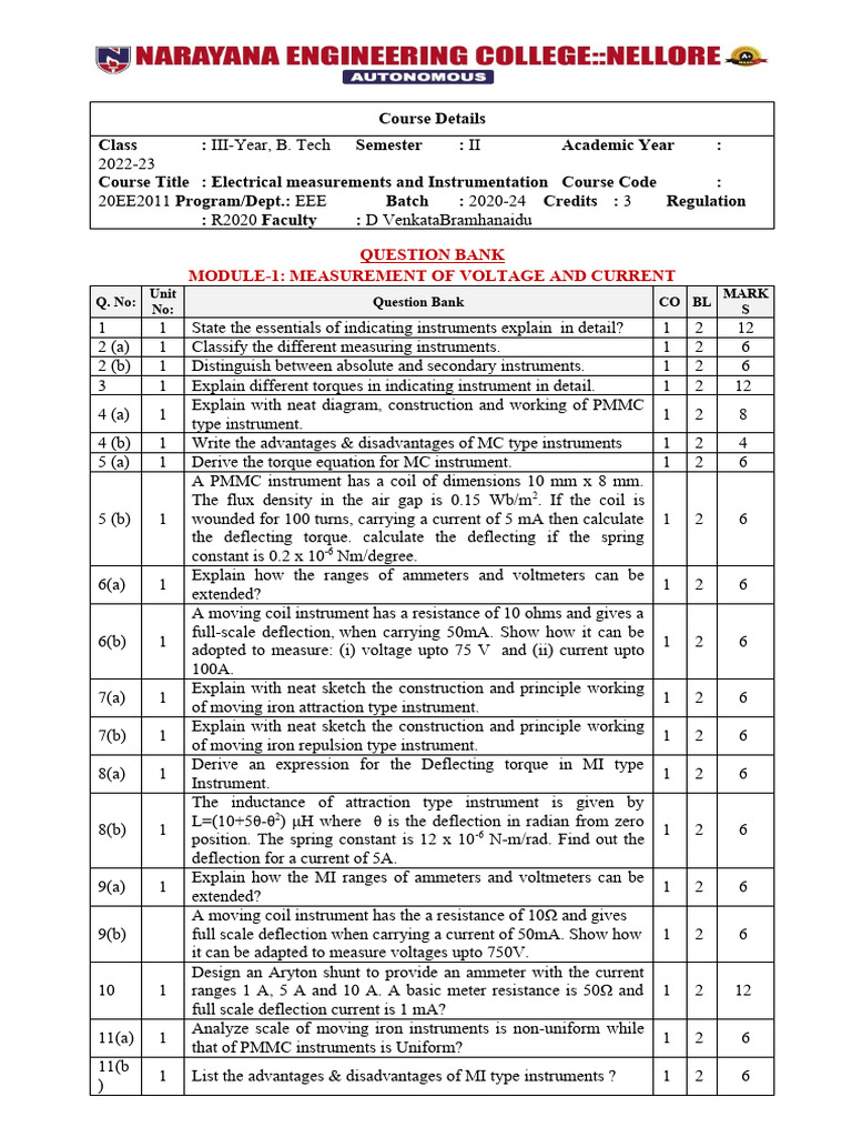 EMI Question Bank for Electrical Measurements | PDF | Transformer ...