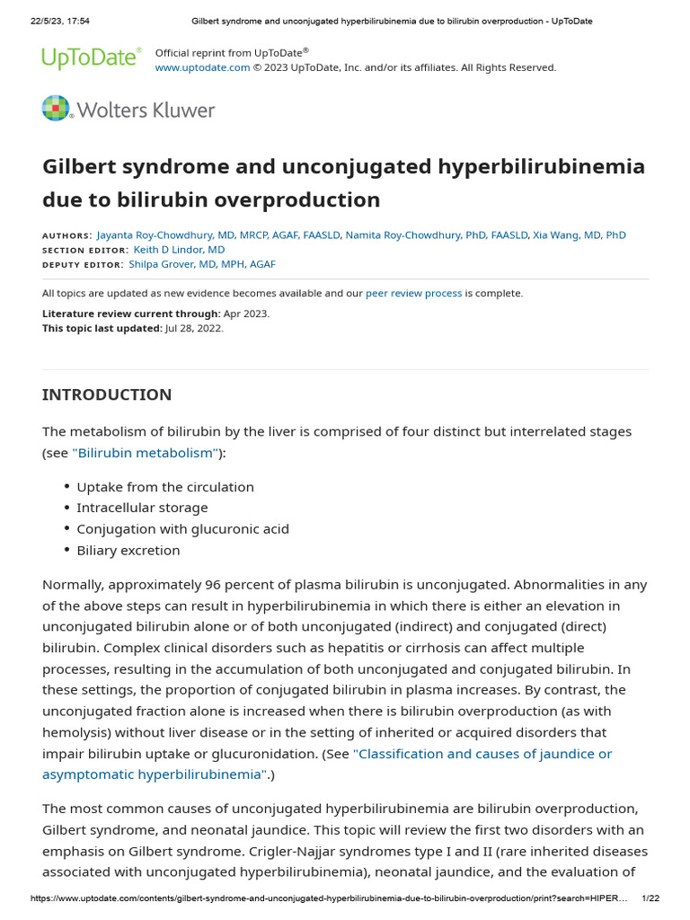 Gilbert Syndrome and Unconjugated Hyperbilirubinemia Due To Bilirubin