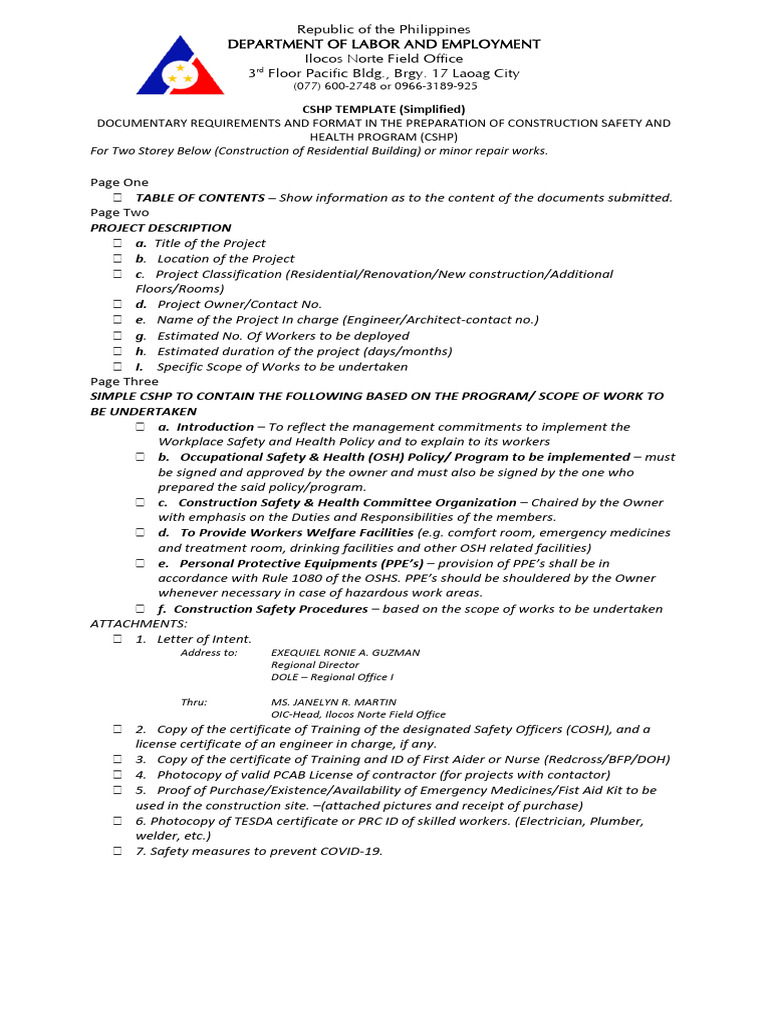 Simplified CSHP Template for Construction | PDF | Occupational Safety ...