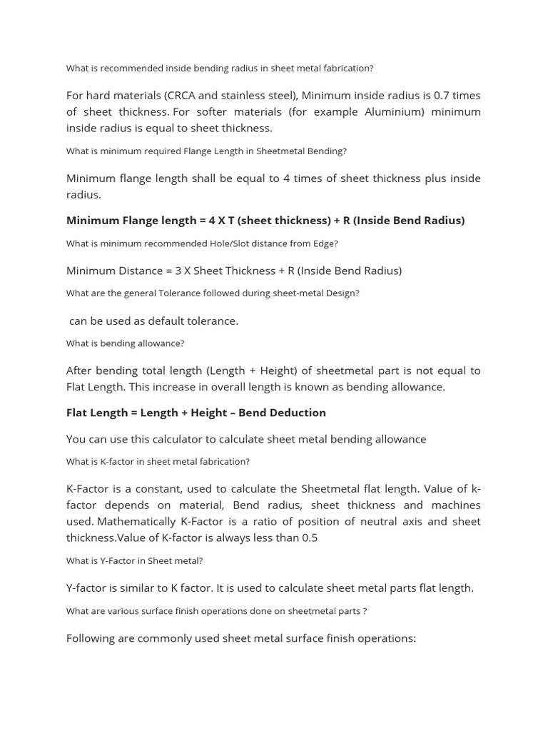 Minimum Bend Radius and Flange Length in Sheet Metal | PDF