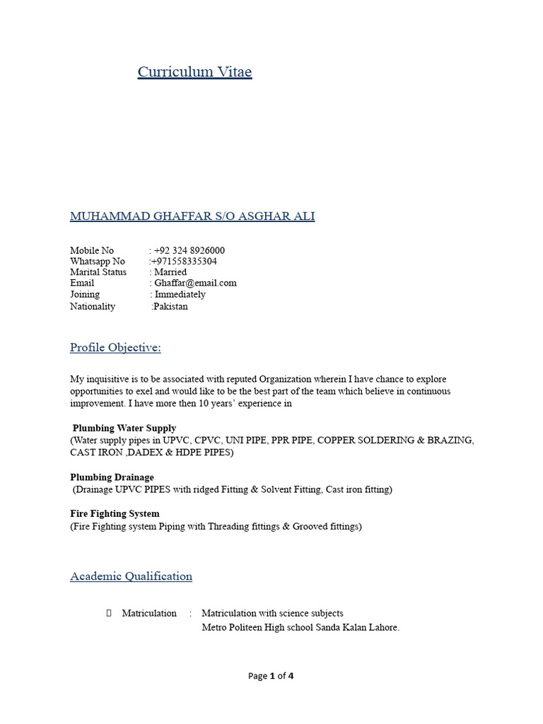 Plumbing & Fire Fighting CV of Muhammad Ghaffar | PDF | Pipe (Fluid ...