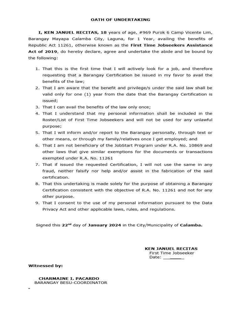 Oath of Undertaking for First-Time Jobseekers | PDF