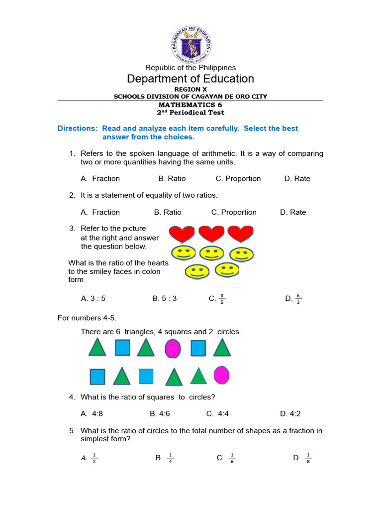 MATH 62nd QuarterExam PDF Ratio Mathematics