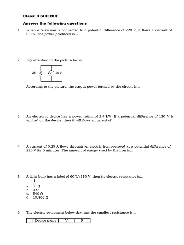 Physics Homework for 9th Graders | PDF | Electric Power | Watt