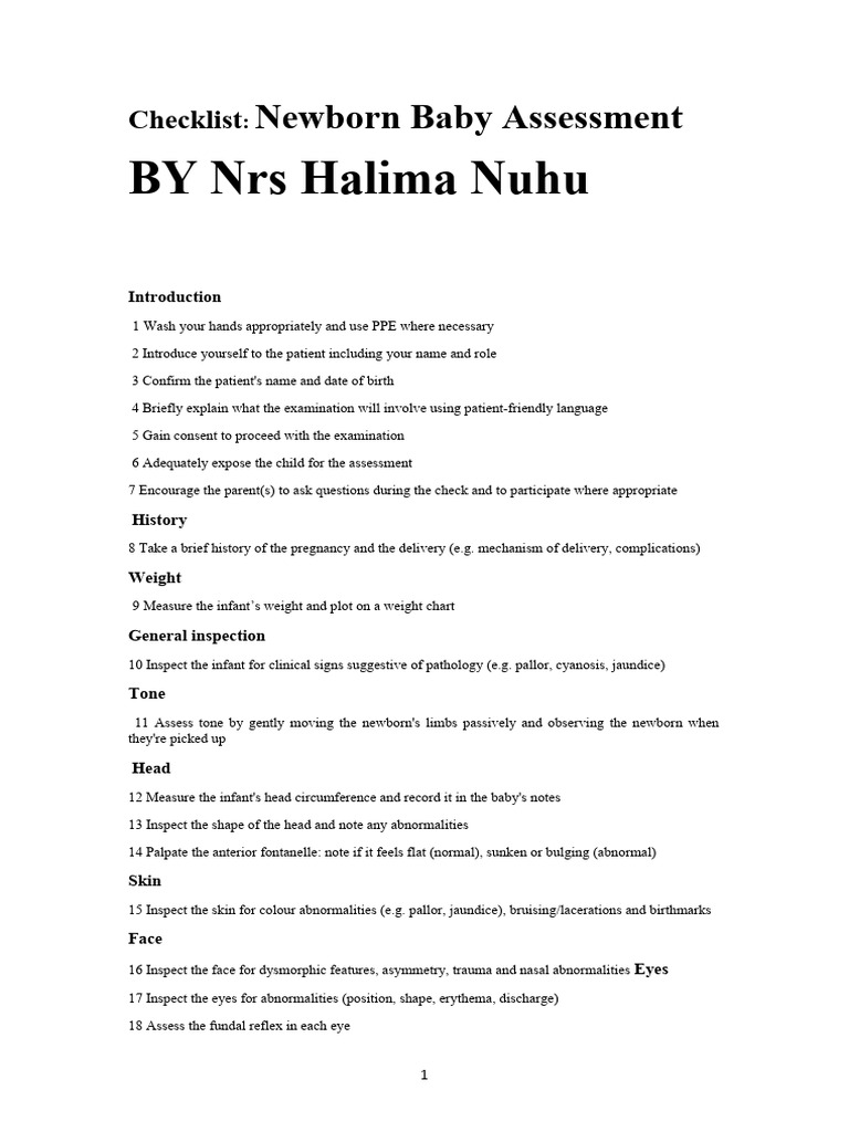 Newborn Baby Assessment Checklist | PDF