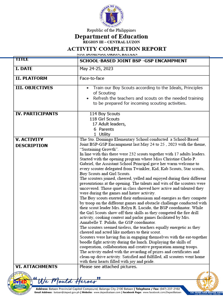 BSP-GSP School Encampment Report 2023 | PDF | Scouting | Outdoor Recreation