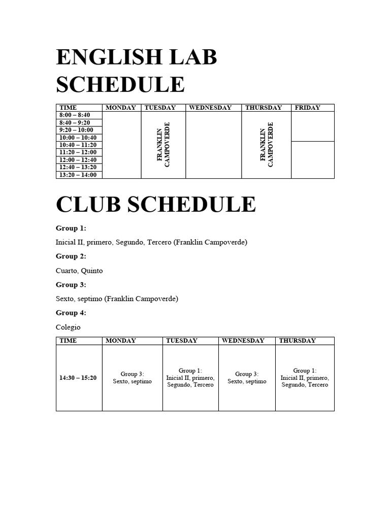 Horario de Clases de Inglés 2023 | PDF