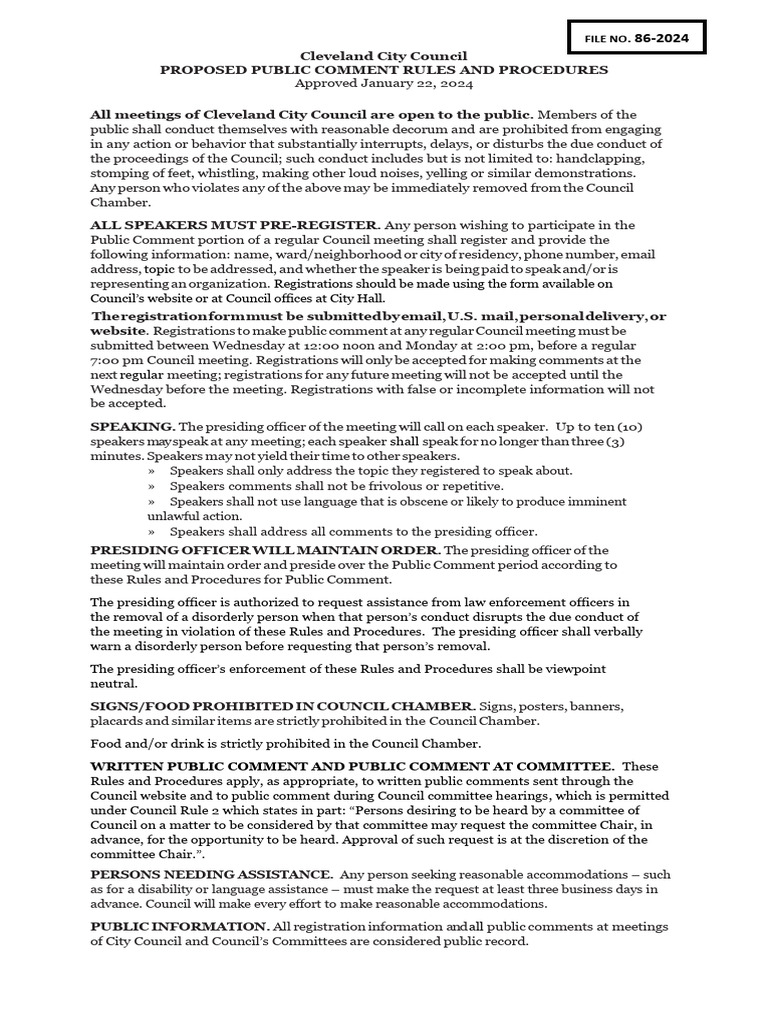 Cleveland City Council Public Comment Rules | PDF | Government | Justice