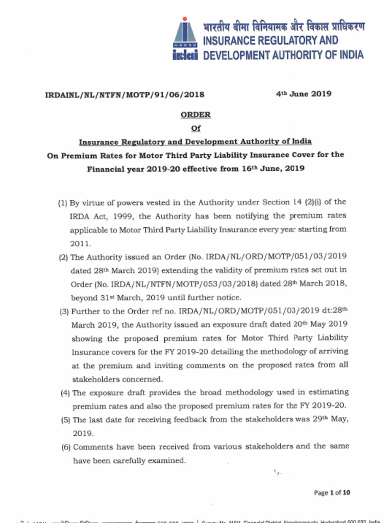 Premium Rates For Motor Third Party Liability Insurance Cover For The ...