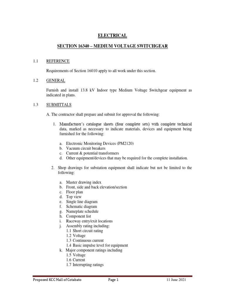 Medium Voltage Switchgear Specifications | PDF | Electrical Wiring ...