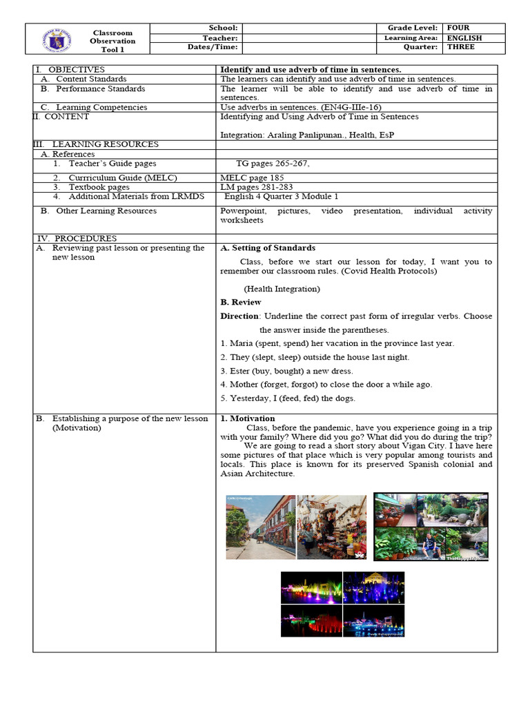 Adverbs of Time Lesson Plan for Grade 4 | PDF | Adverb | Learning