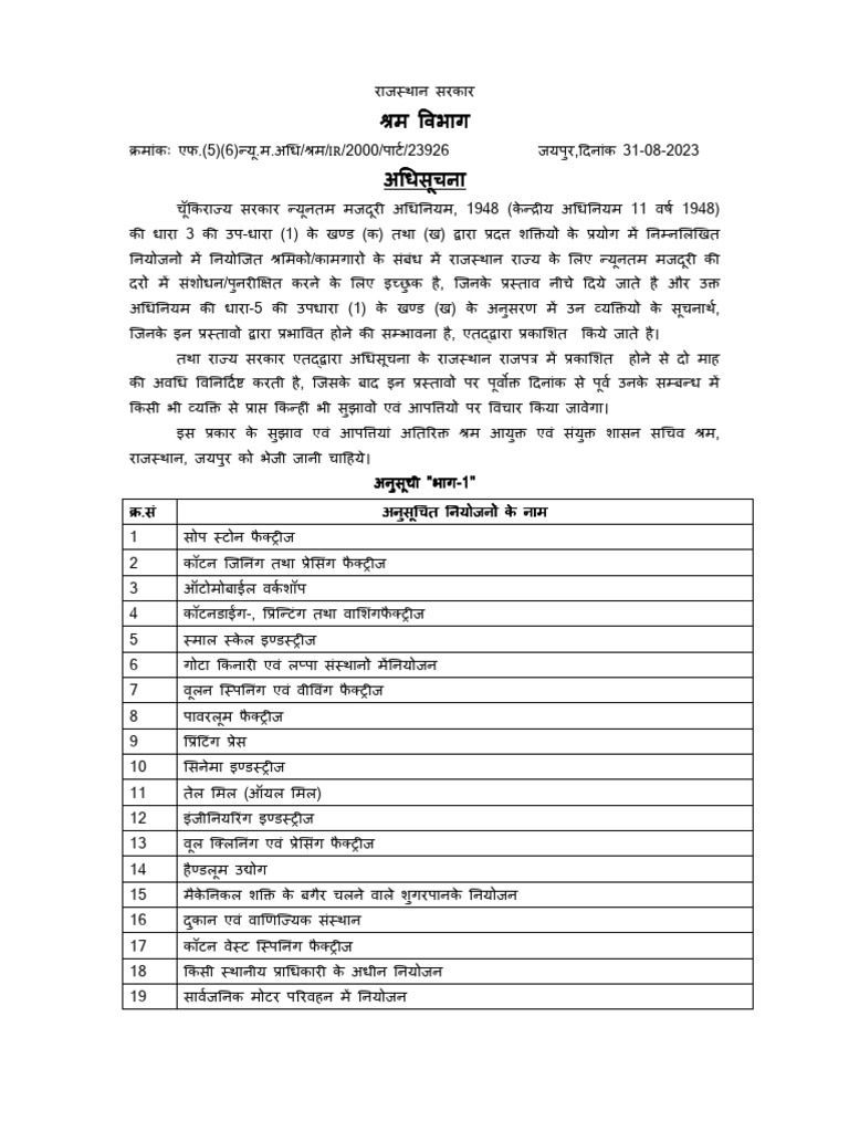 Rajasthan minimum wages notification january 2023 pdf