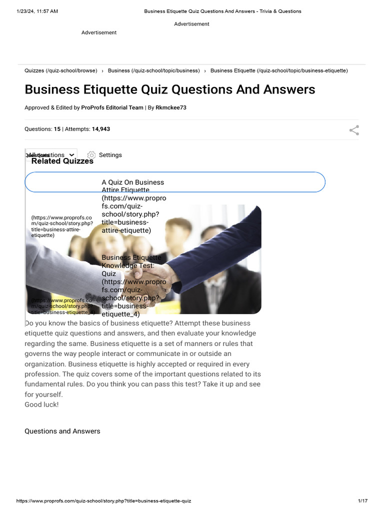 Business Etiquette Quiz Questions and Answers Trivia & Questions PDF