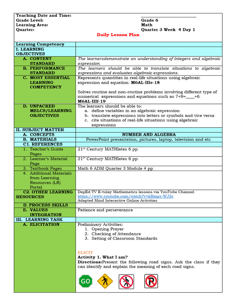 Algebraic Expressions Lesson Plan | PDF | Mathematics | Learning
