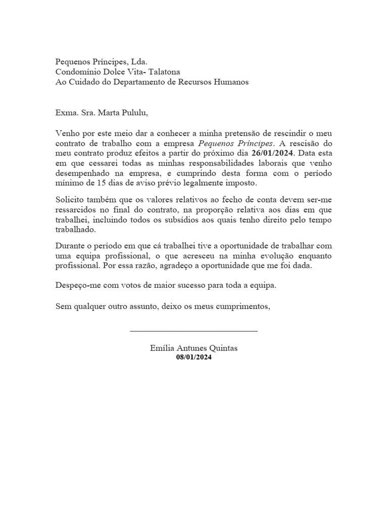 Carta de Rescisão de Contrato de Trabalho | PDF