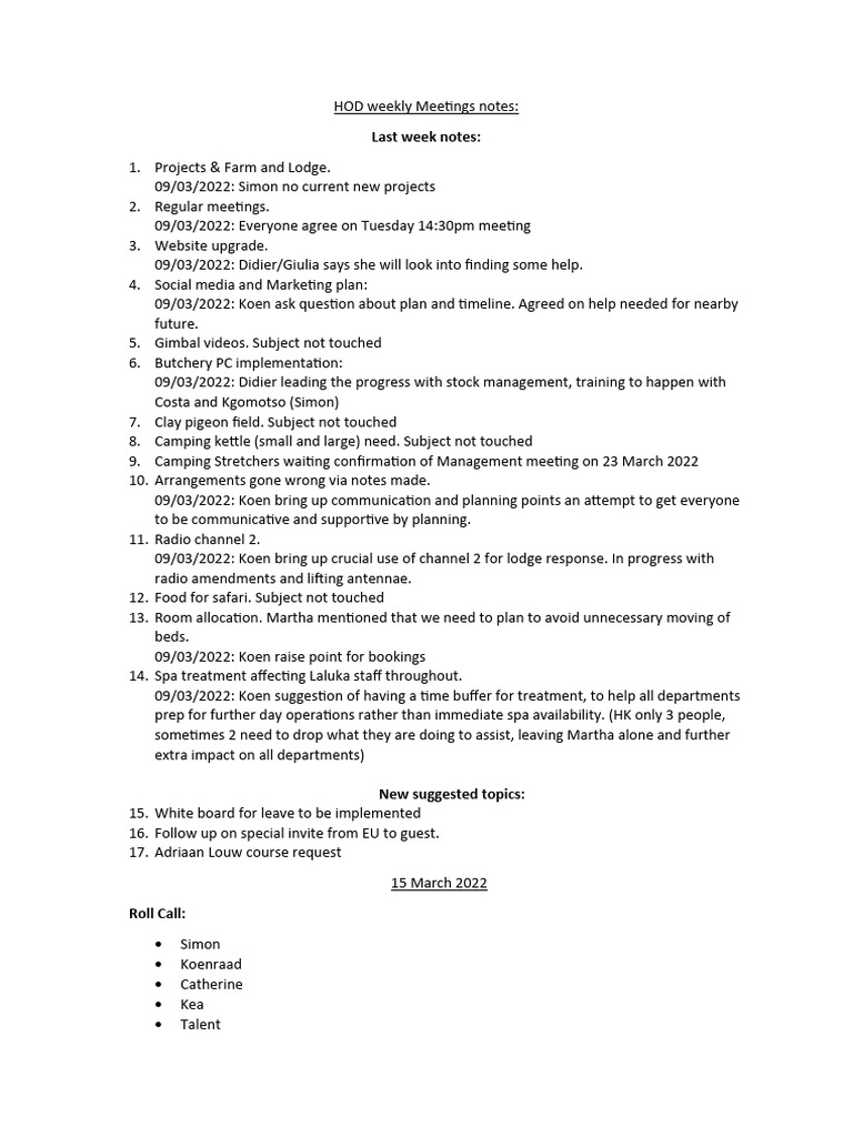 HOD Weekly Meeting Notes Summary | PDF