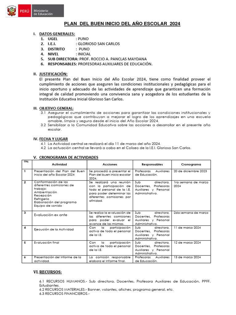 Plan Buen Inicio Año Escolar 2024 | PDF