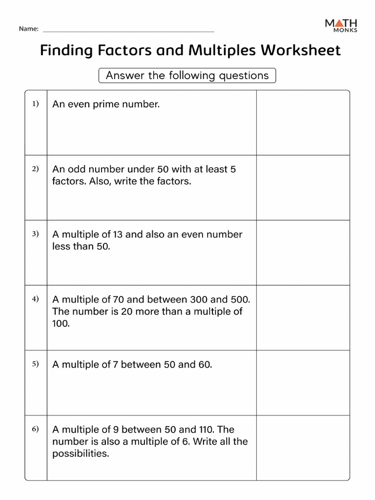 Factors and Multiples Worksheet For Grade 5 With Answers PDF