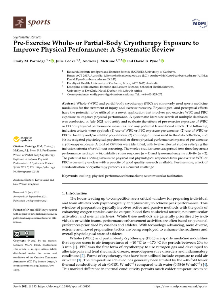 Emily Et Al (2021) - PreExercise Whole or PartialBody Cryotherapy ...