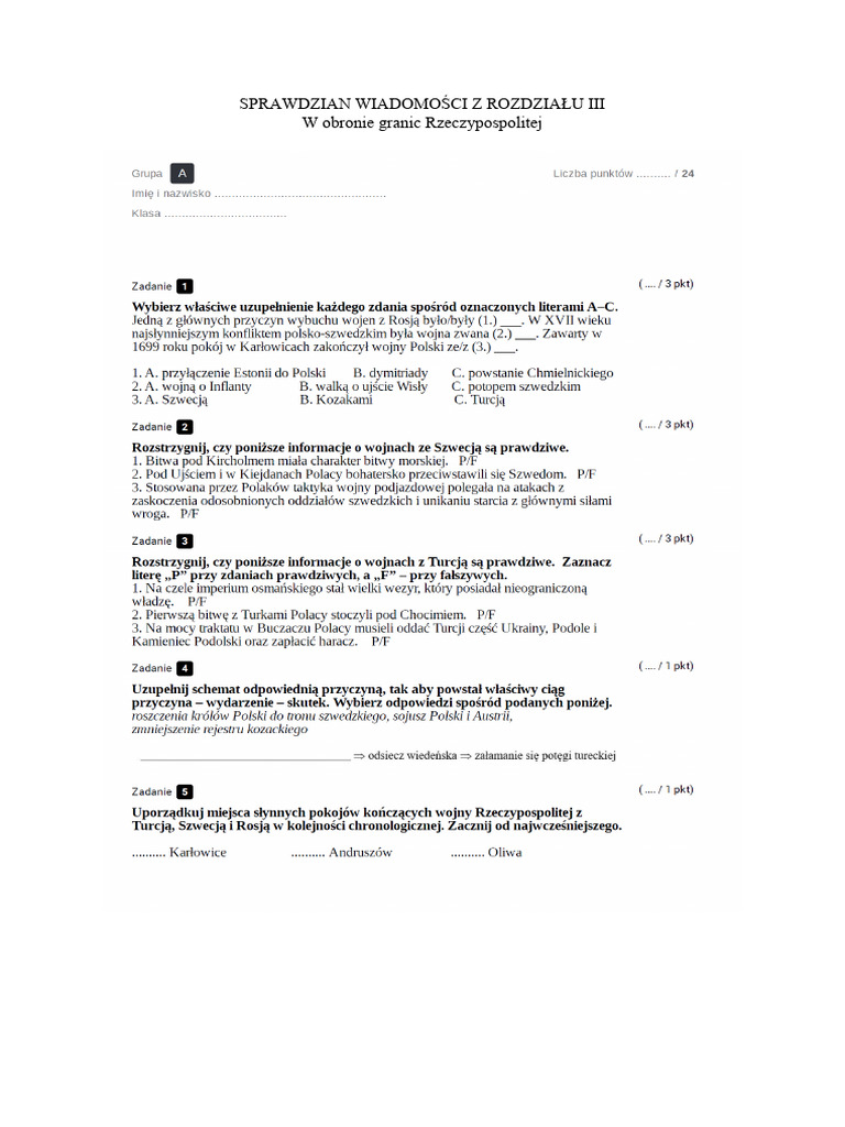 W Obronie Granic Rzeczypospolitej Sprawdzian Klasa 6 Nowa Era Sprawdzian - kl.6 - W Obronie Granic | PDF