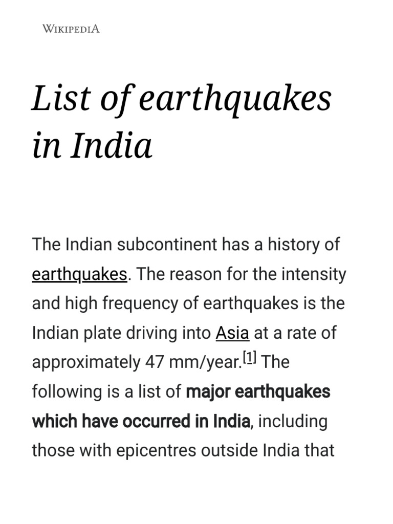 List of Earthquakes in India Wikipedia PDF Earthquakes Indian