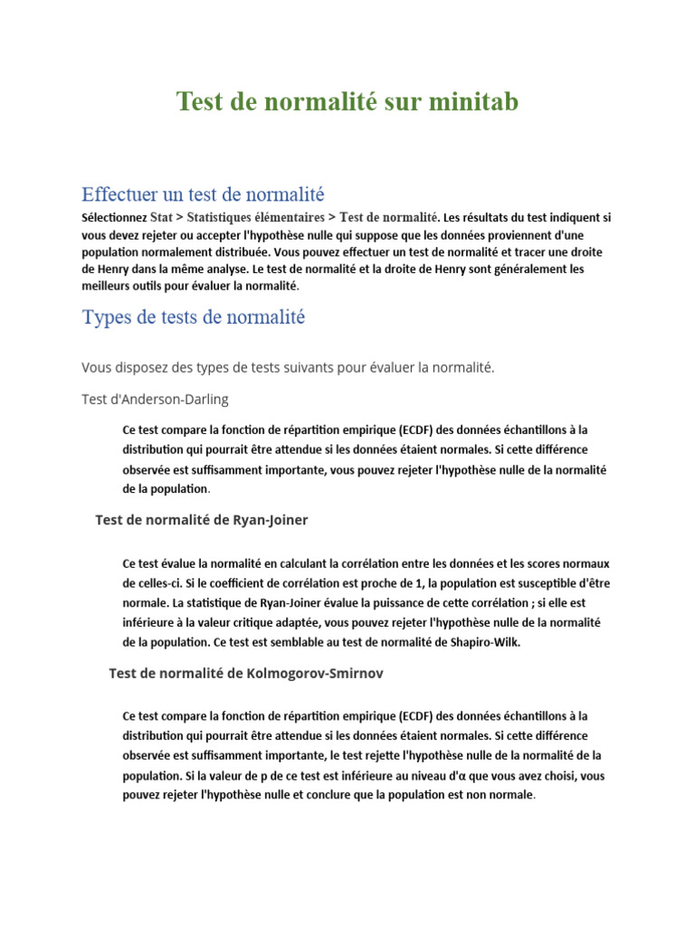 Tests de normalité sur Minitab | PDF | Loi de probabilité | Statistiques