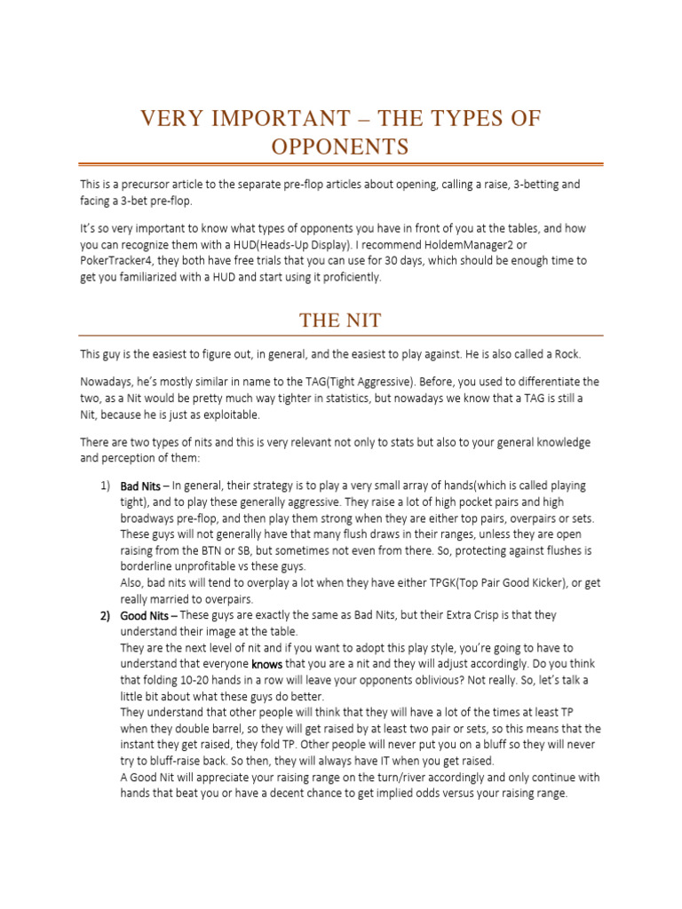 CTM Types of Opponents at The Tables | PDF | Gambling | Poker