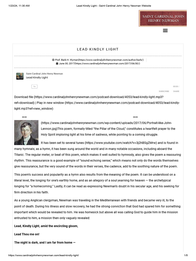 Poem Lead Kindly Light Cardinal Newman PDF Hymns John Henry Newman