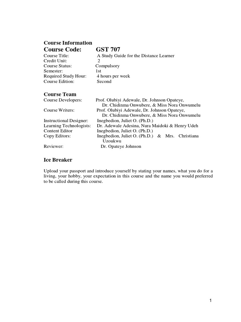 GST 707: Distance Learning Guide | PDF | Distance Education | Learning