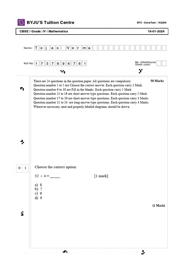CBSE Grade IV Mathematics 16-01-2024 | PDF