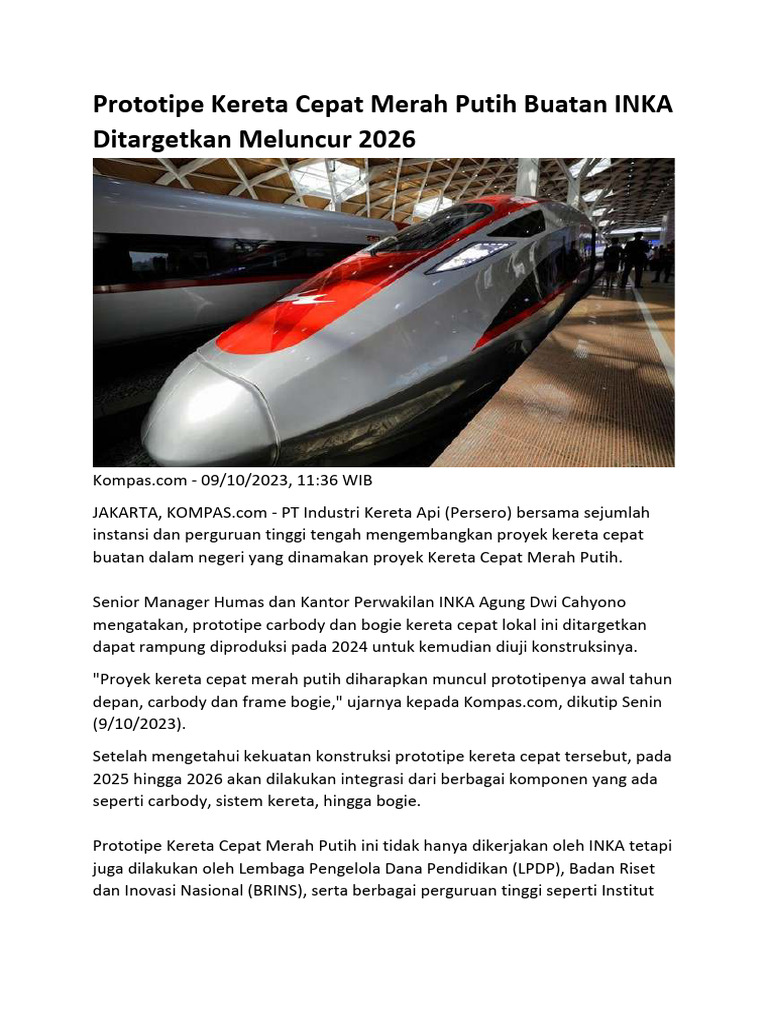 Prototipe Kereta Cepat Merah Putih Buatan INKA | PDF