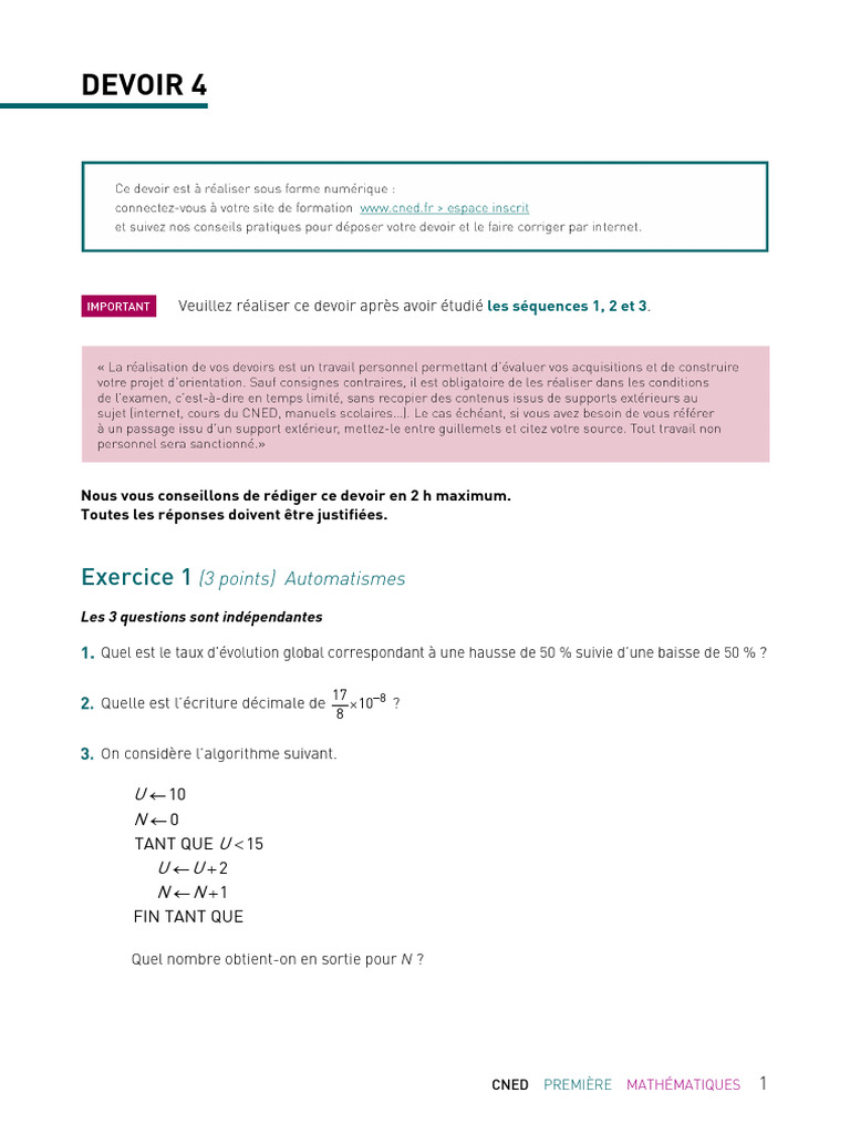 Devoir 4 Mathématiques CNED Première | PDF | Mathématiques