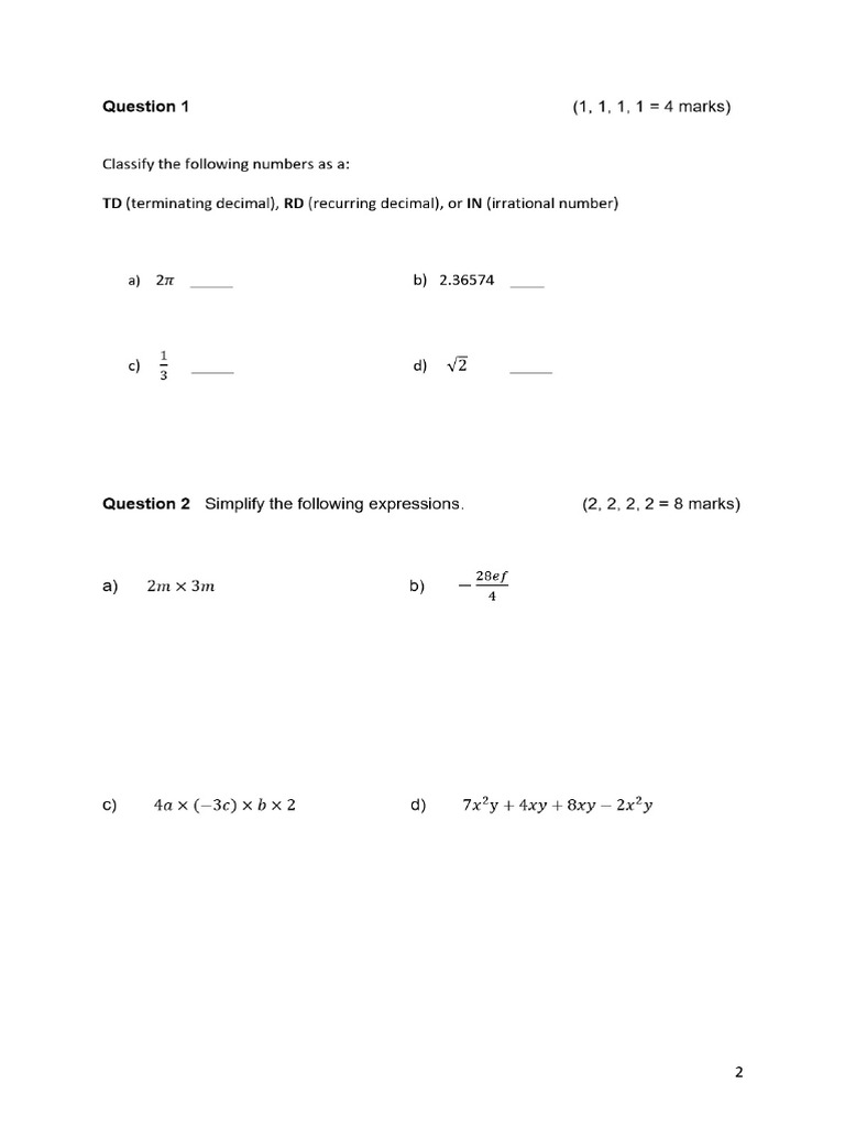2021 Past Papers YR 8 Mathematics Test 3 | PDF