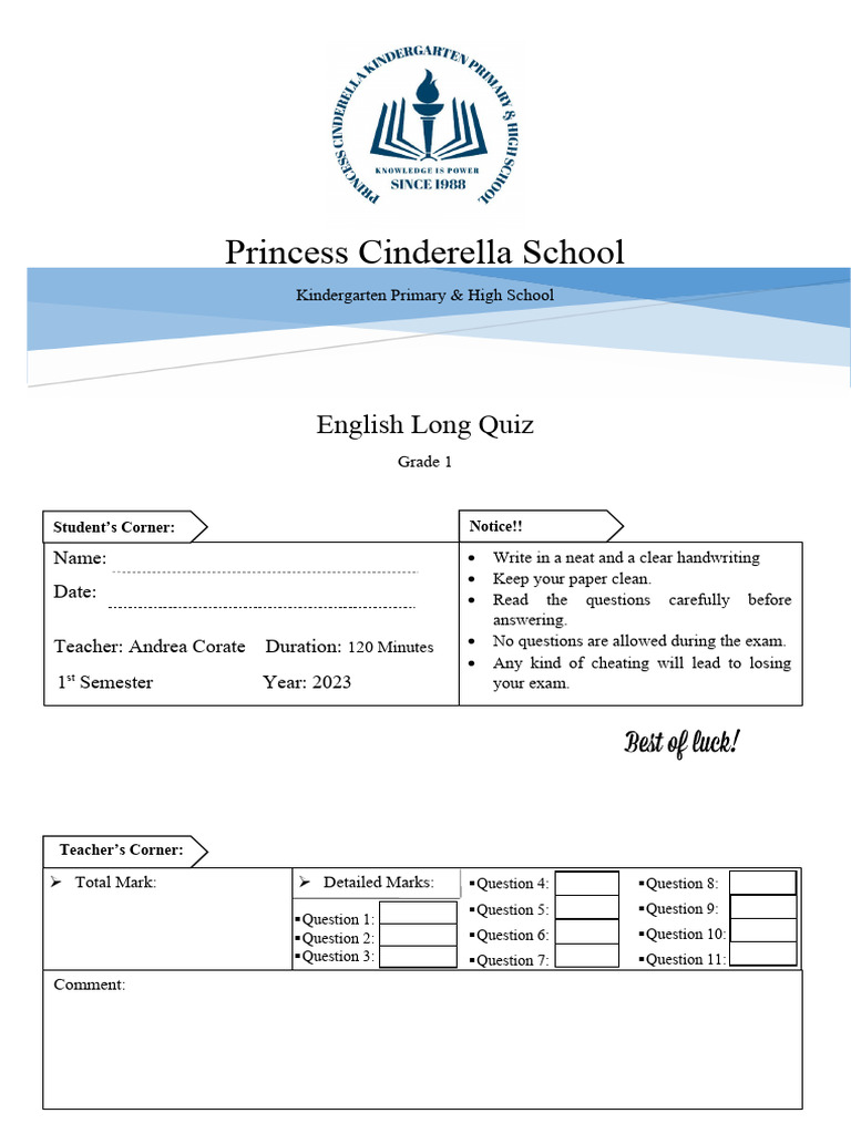 English Gr 1 Long Test 2023 Pdf Adjective Noun