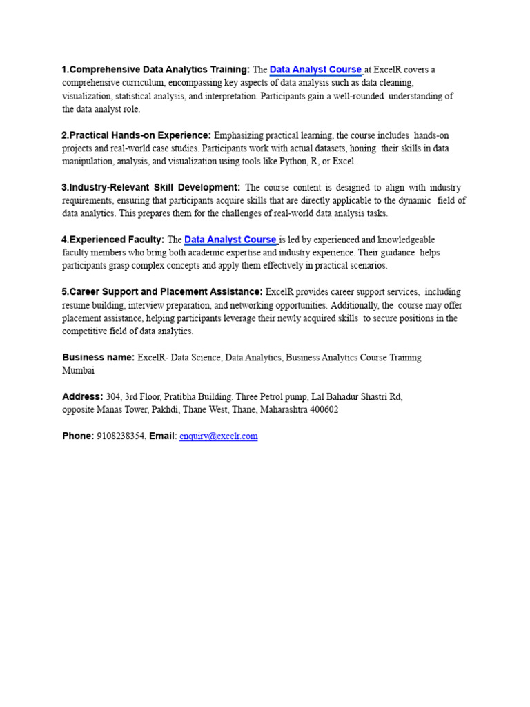 Data Analyst Course at ExcelR Thane | PDF
