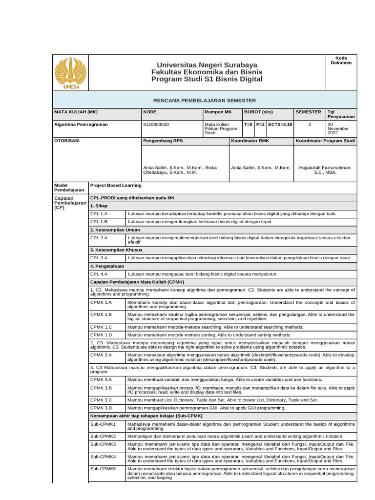 RPS Algoritma Pemrograman S1 Bisnis Digital | PDF