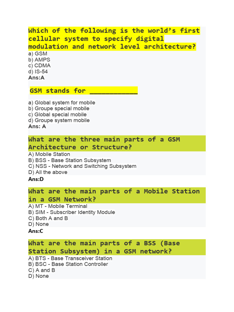 Quiz - Fundamental of GSM and It's Architecture | PDF