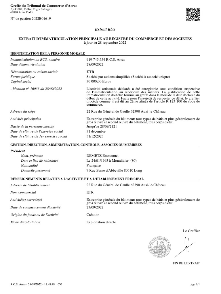 Extrait Kbis de l'entreprise ETR | PDF