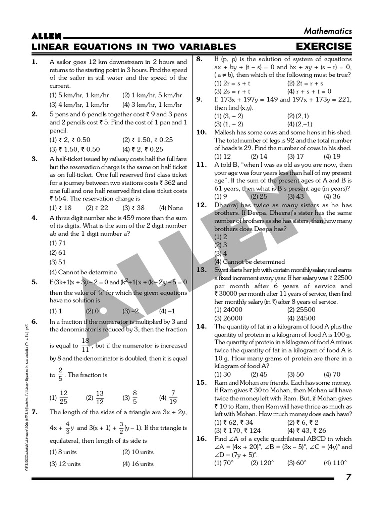 Class 10 Linear Equations Practice | PDF | Equations | Mathematics