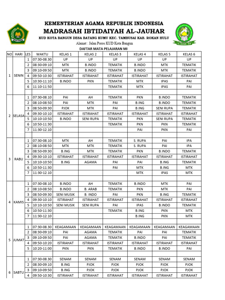 Jadwal Pelajaran Mts 2024 Pdf
