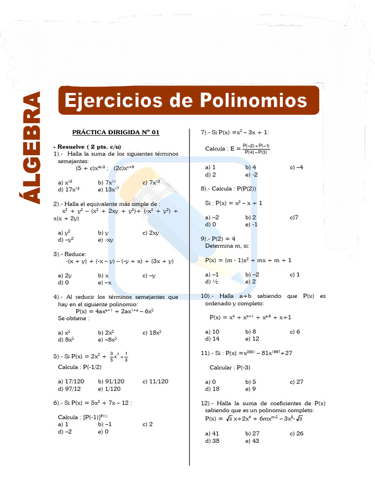 Ejercicios de Polinomios para Segundo de Secundaria | PDF | Matemáticas ...