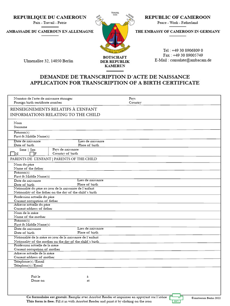 Demande de transcription d'acte de naissance | PDF