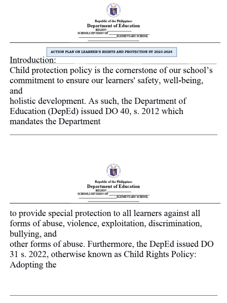 Learners' Rights and Protection Action Plan | PDF | Child Protection ...